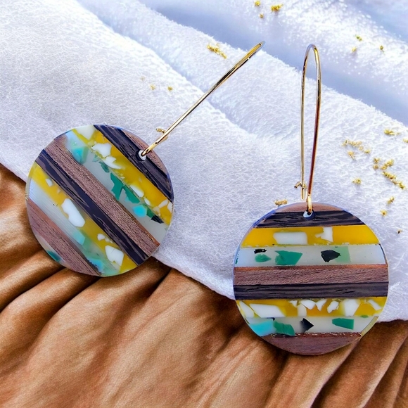 🆕 Handcrafted Wood & Resin Trendy Round Earrings With Golden Color Alloy Hooks - Picture 1 of 13